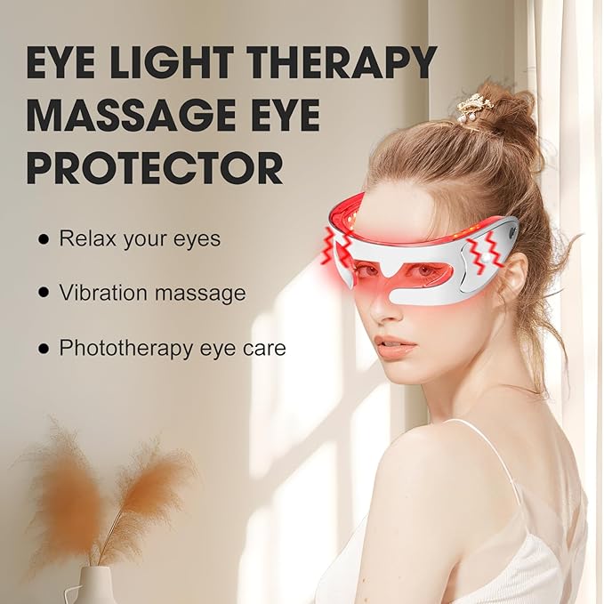 LED Red Light Therapy Eye Device, 3 Modes Red Light Eye Mask with Multi-Frequency Vibration + Red Light Therapy Massager Stick for Body and Face