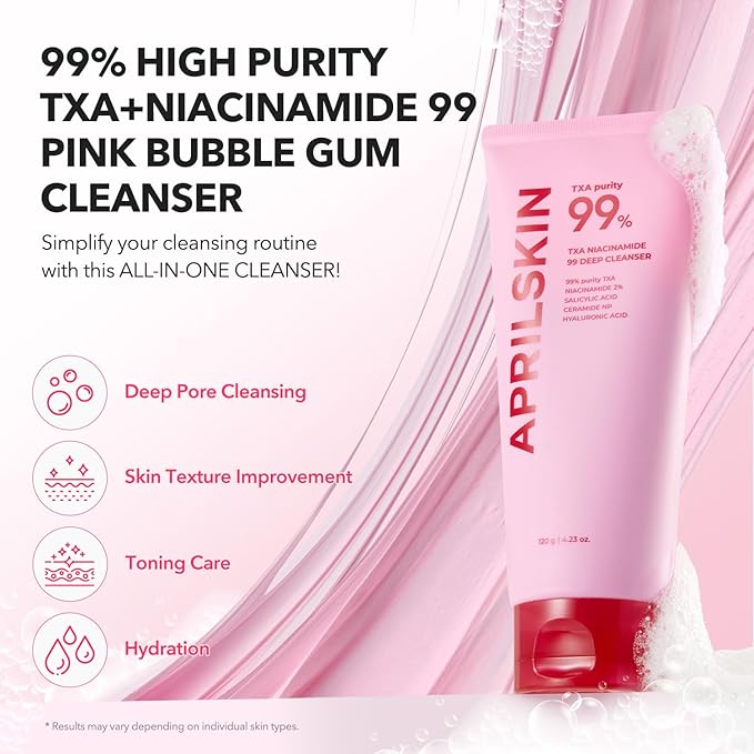 APRILSKIN TXA Niacinamide 99 Pore Care Pink Bubble Gum Deep Cleanser | 99% High-Purity TXA+Niacinamide | All-in-One Cleanser: Deep Cleansing, Blackhead Care, Pore Care, Moisturizing | 4.23 fl.oz.