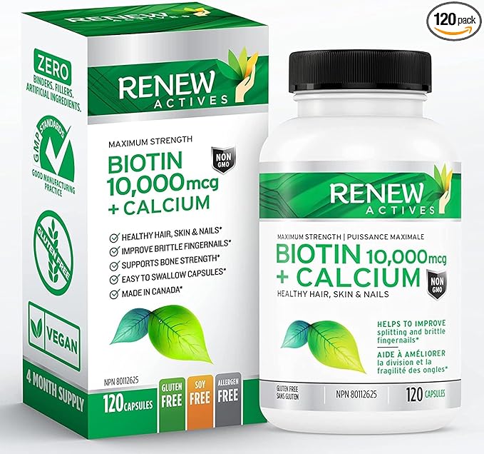 Renew Actives Biotin & Calcium 10000MCG per Serving – Supplements for Hair, Nail & Skin Care – Promotes Bone & Teeth Health – Helps Prevent Biotin Deficiency - Made in Canada – 120 Capsules