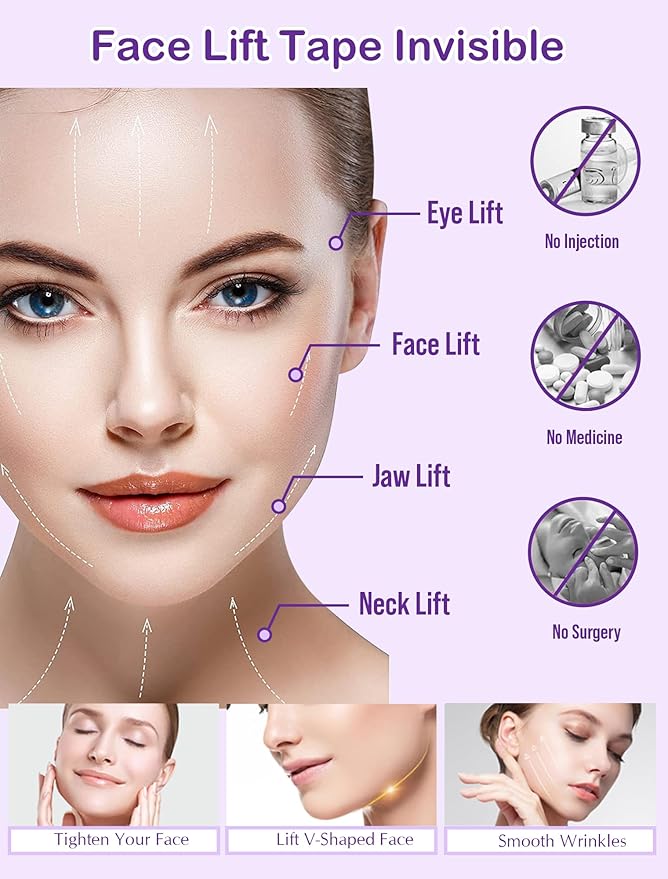 ACADA Neck Tape Lifting Invisible Face Lift Tape for Lifting Sagging Skin Breathable, Strong Adhesive, 80pcs Face Tapes with 8Light Bands