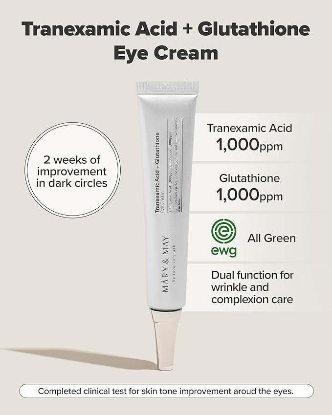 Mary&May Tranexamic Acid + Glutathione Eye Cream - Powerful Antioxidant, Reduces Dark Circles in the Eye, Improve Uneven Skin Tone with Vitamin C - Suitable for Morning and Night Use, 1.01 oz.