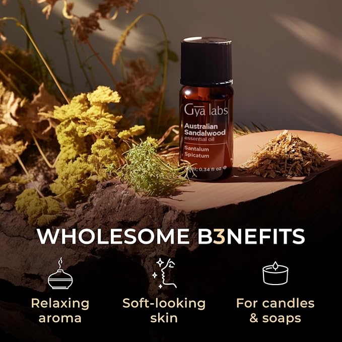 Gya Labs Australian Sandalwood Essential Oil for Skin & Hair - 0.34 Fl Oz - 100% Pure Natural Australian Sandalwood Oil for Diffuser, Aromatherapy Use & Candle Making - Warm Woodsy Scent