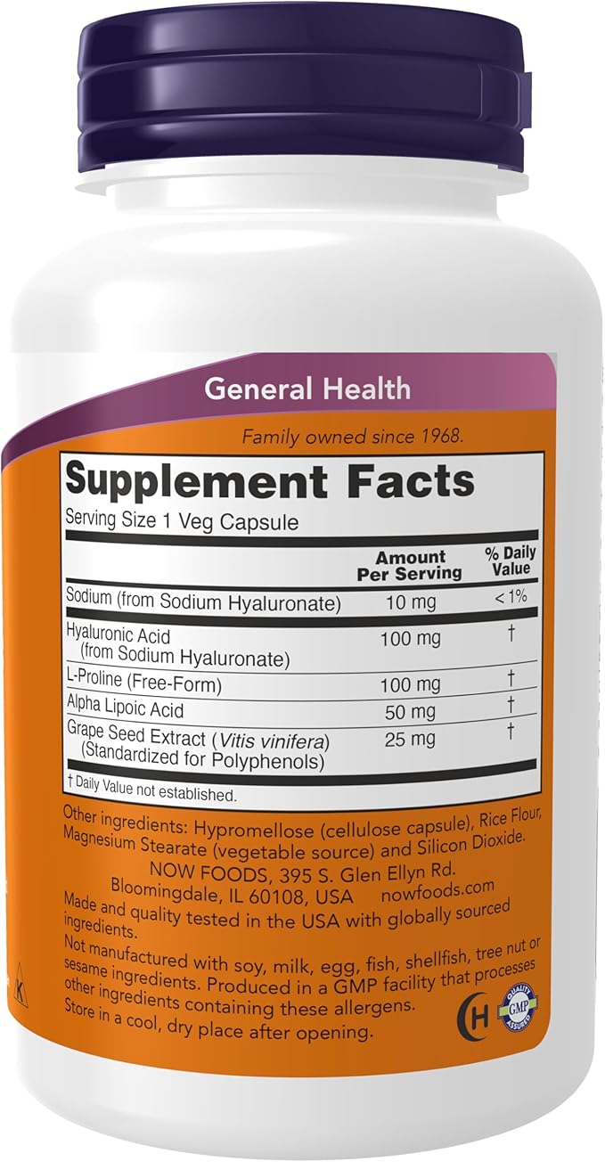 NOW Foods Supplements, Hyaluronic Acid 100 mg, Double Strength with L-Proline, Alpha Lipoic Acid and Grape Seed Extract, 120 Veg Capsules