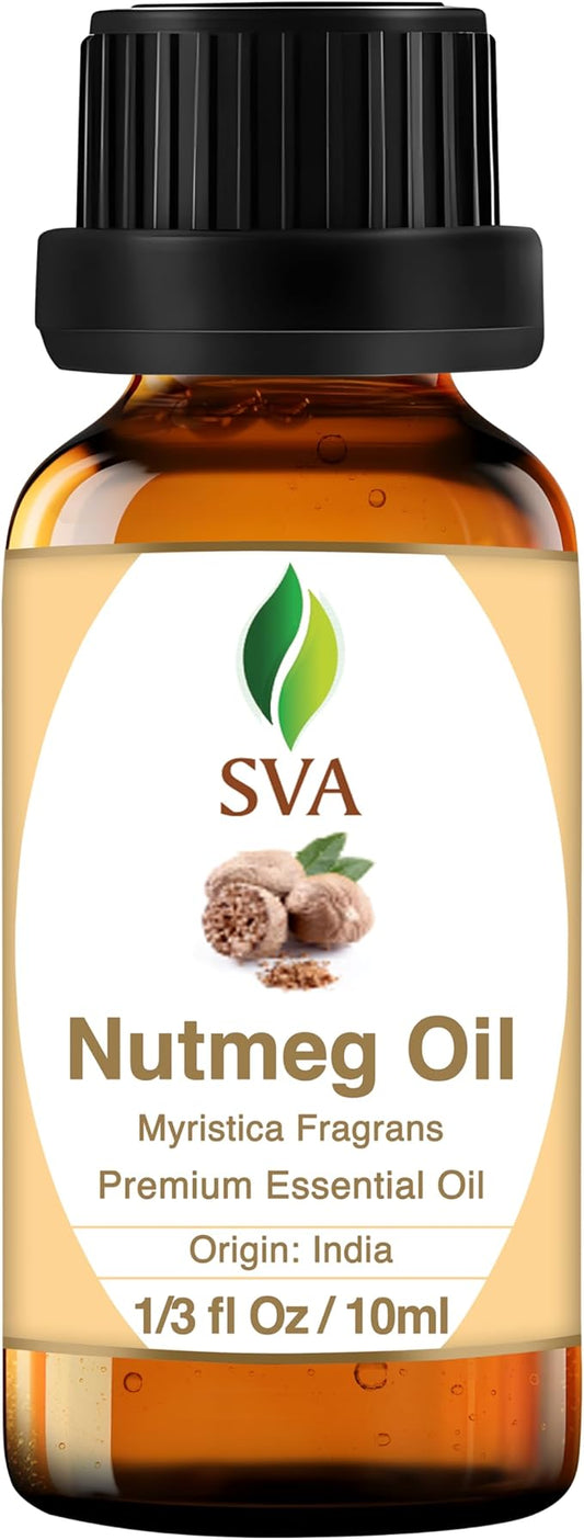 SVA Nutmeg Essential Oil – 1/3 Fl Oz – 100% Natural Nutmeg Oil - for Diffuser, Hair Care, Face, Skin Care, Aromatherapy, Scalp and Body Massage, Soap and Candle Making