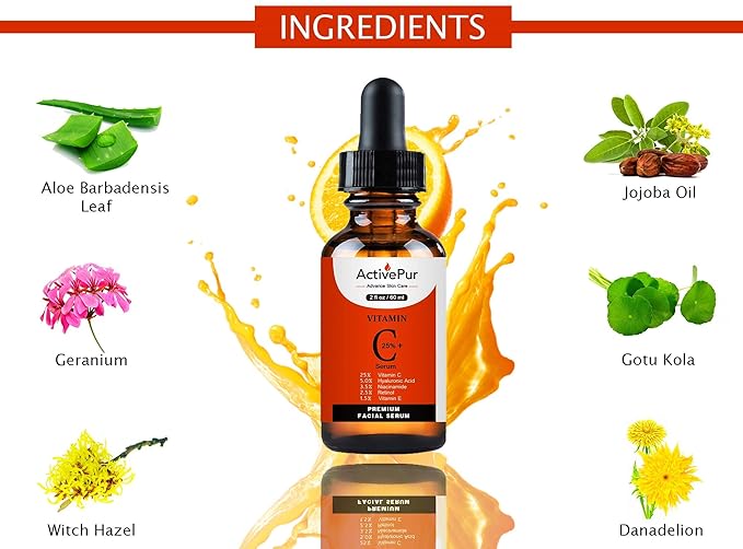 25% Best Vitamin C Serum for Face (2 Oz/60 ml) Vitamin E+B5 Hyaluronic Acid Serum Face Retinol Ferulic Acid Niacinamide Collagen Anti Aging Age Spots Eye circles Vitamin C face Serum