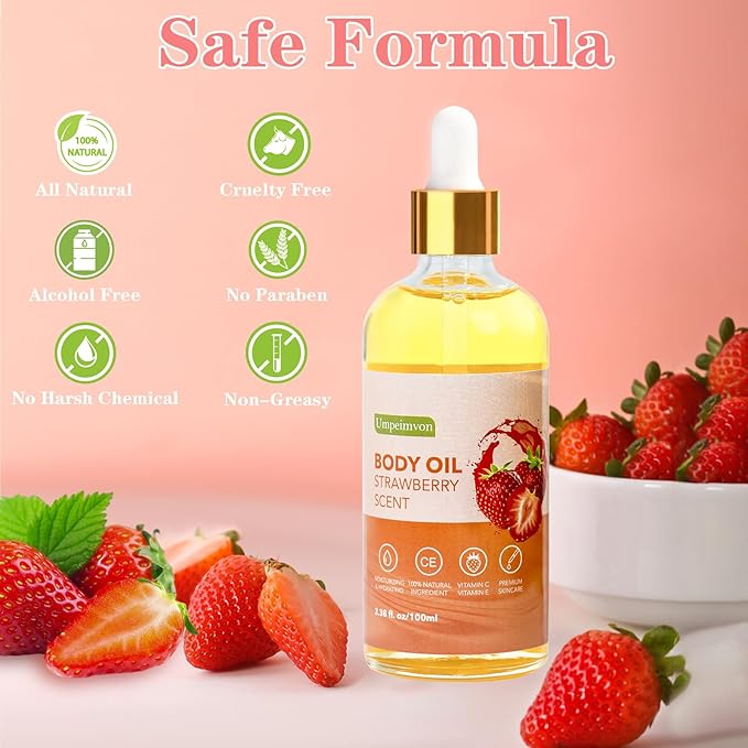2 Pack 3.38 fl.oz Strawberry Body Oil after Shower, Vitamin C & E Gua Sha Body Oils Scented Body Oils for Women, Dry Body Oil Juice for Skin