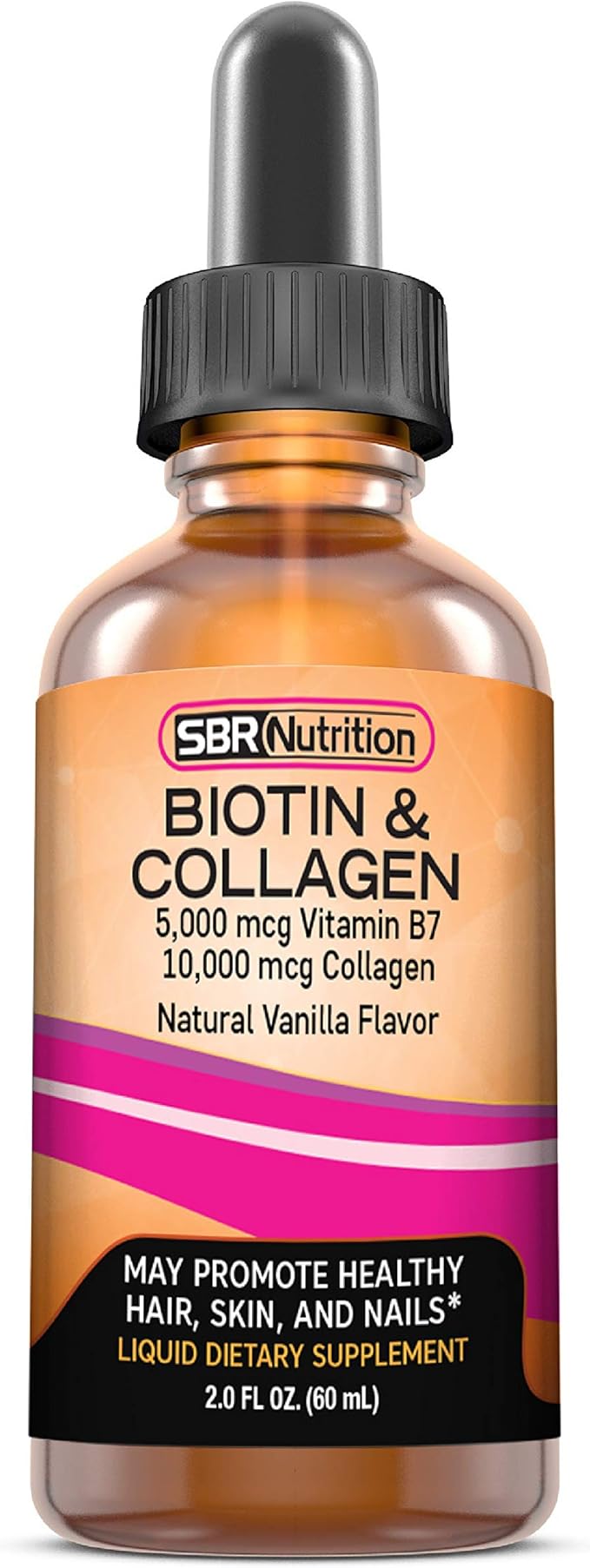 SBR Nutrition Biotin and Collagen Liquid Daily Dietary Supplement, Vitamins for Hair Growth and Thickening, Skin Health and Nail Strength, 2 oz (60mL)
