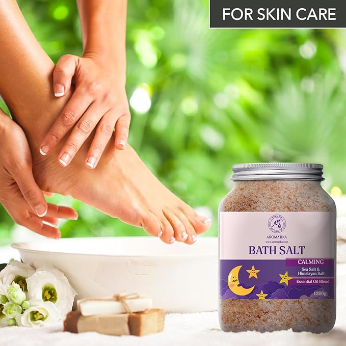 Calming Bath Salts 46 Oz - 1300g - w/Sandalwood & Lavender & Bergamot Essential Oils - Natural Bath Sea Salts 1.3 kg - Good Sleep - Relaxing - Body Care - Beauty - Aromatherapy