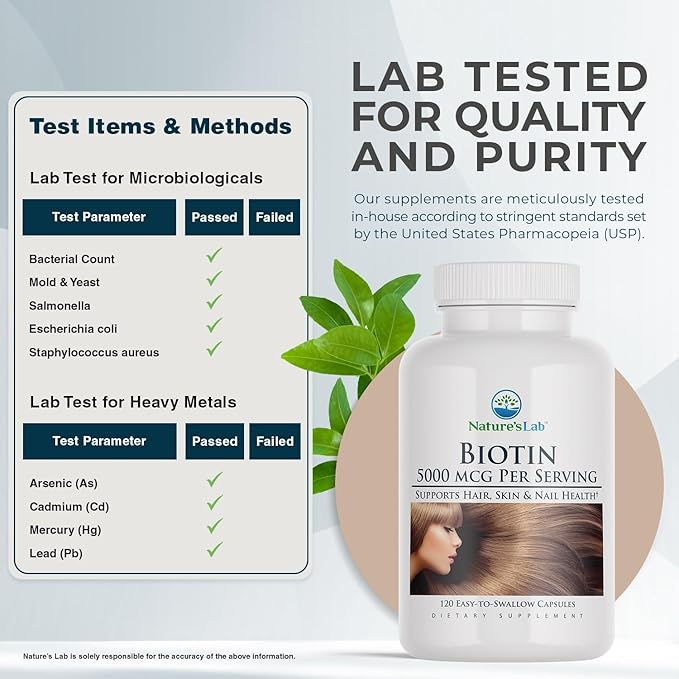 Nature's Lab Biotin 5000 mcg - Promotes Healthy Hair, Skin & Nails - 120 Capsules (4 Month Supply)