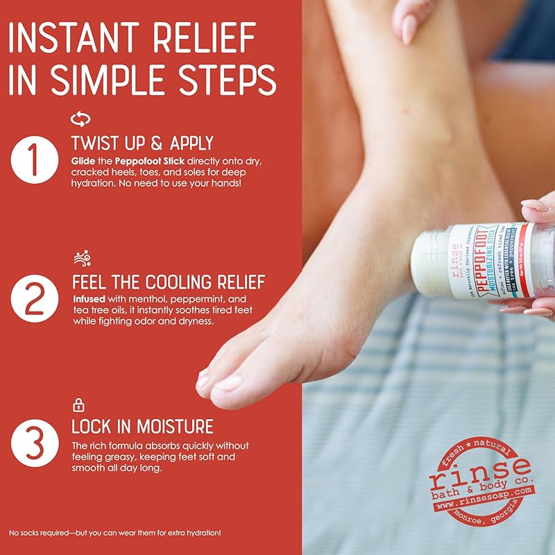 Rinse Bath & Body Peppofoot Heel Balm Stick - Handmade Heel Balm for Dry Cracked Feet with Peppermint and Tea Tree Oils | Ultra Moisturizing | No Mess Cracked Heel Stick | All Natural | 2oz