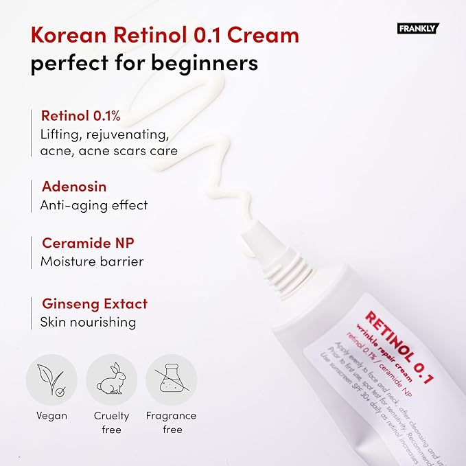 FRANKLY Retinol 0.1% Cream, 1.01 fl oz - Beginner Retinol | Night Cream | with Ceramides & Natural Ginseng | Anti-aging, Wrinkles Care, Reduces Congestion and hyperpigmentation | Korean Skin Care