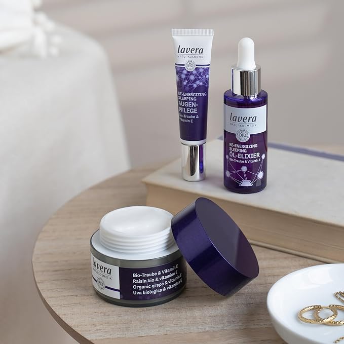 lavera Re-Energizing Sleeping Cream - night cream with grape & vitamin E - 5in1 over-night effect - revitalises & smooths complexion - combats signs of fatigue - natural cosmetics - vegan - 1.6 Fl Oz