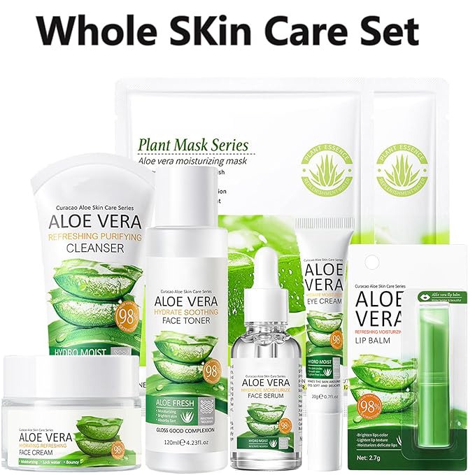 8Pcs Aloe Vera Skin Care Set - Face Care Kit With Cleanser, Mask, Toner, Serum, Lip Balm, Eye Cream, Moisturizer for Women Girls