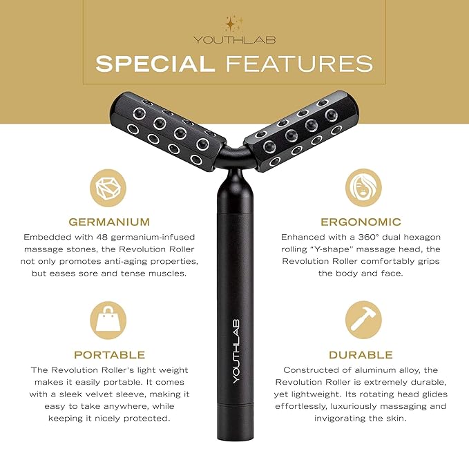 Revolution Roller - Germanium Stone Uplifting Face/Body Beauty Massage Tool/Roller/Wand for Skin Tightening/Firming, De-Puffing, Anti-Aging (Black)