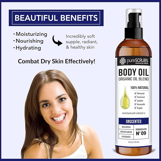 pureSCRUBS Ultra Moisturizing Unscented Body Oil Spray for Dry Skin, Massage, Stretch Marks, Organic Super Blend of Jojoba, Argan, Coconut, Sweet Almond & Avocado Oils Enriched with Vitamin E, Lg 4oz