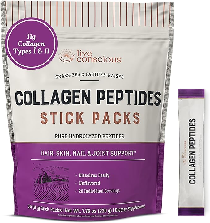 Live Conscious Collagen Peptides Powder Unflavored Packets - Hydrolyzed Collagen Powder - Hair, Skin, Nail, & Joint Support - Type I & III Grass-Fed Collagen Supplements for Women and Men - Pack of 20
