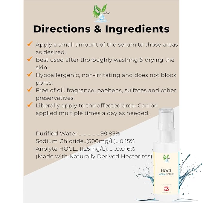 VoilaVe Pure Hypochlorous Acid Serum, Anti-Wrinkle Hypochlorous Acid Face Serum for Redness - Reduce Dryness, Skin Irritation, Eye Puffiness & Dark Circles | For Acne & Spots 2.0 Oz