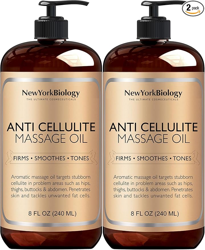 New York Biology Anti Cellulite Massage Oil 8 Fl Oz – Made with 100% Natural Oils – Body Oil for Massage Therapy, Muscle Relaxation and Deep Tissue - Pack of 2