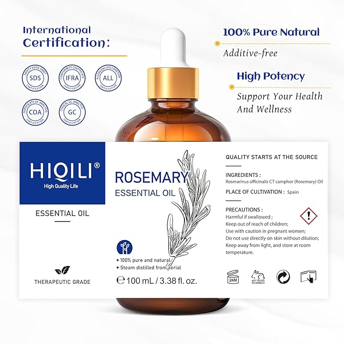 HIQILI Rosemary Oil for Hair Growth, Alleviate Hair Loss, Reduce Dandruff and Relieve Greasiness of The Scalp, Includes Travel Bottle - 3.38 Fl Oz/100 ML