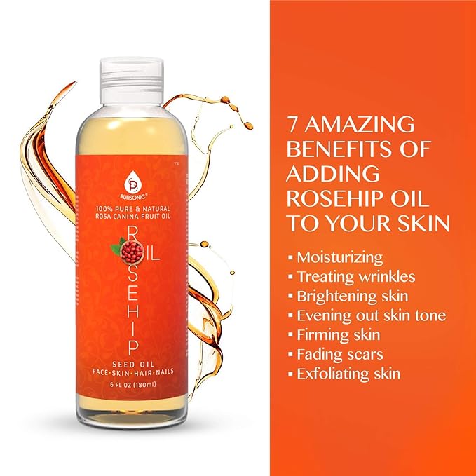 Pursonic Rosehip Oil for Face, Nails, Hair and Skin, 6 Ounce