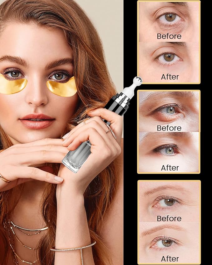 Caffeine Eye Cream and 24K Gold Eye Mask (20 pcs): Under Eye Serum for Dark Circles and Puffiness Eye Care Eye Serum Anti Aging with 360° Massage Ball Reduce Eye Bags, Wrinkles and Fine Lines