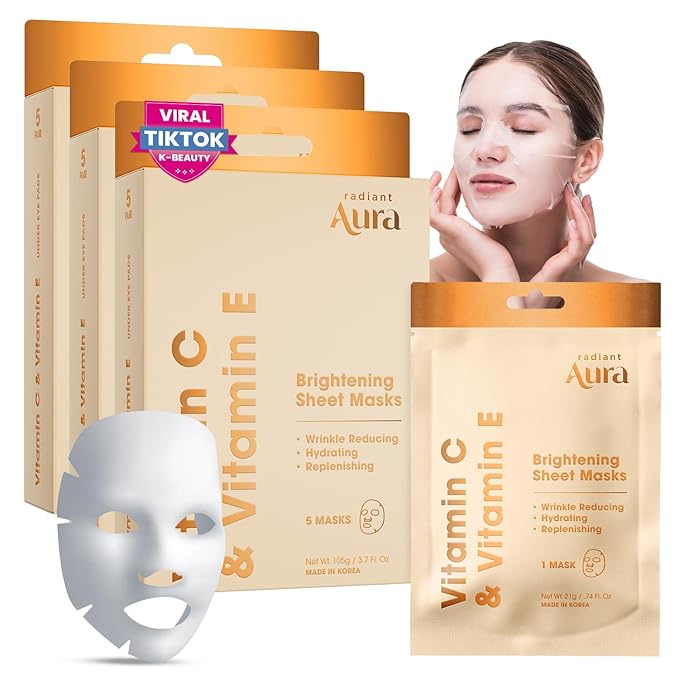 Face Sheet Mask with Vitamin C & E - Dermatologist Tested Korean Beauty Mask for Brightening & Deep Hydration -Premium Facial Treatment for Glowing & Rejuvenated Skin -15 Pack