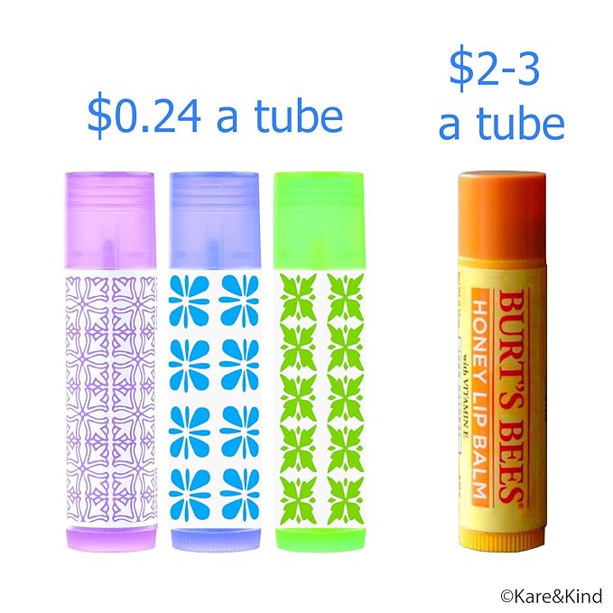Kare & Kind DIY Lip Balm Container Tubes - 50-Pack (10x5 Colors) - Including 50 Writeable & Printed Lip Balm Stickers - Twist Mechanism and a Cap - 3/16 Oz (5.5 ml) - Moisturizing