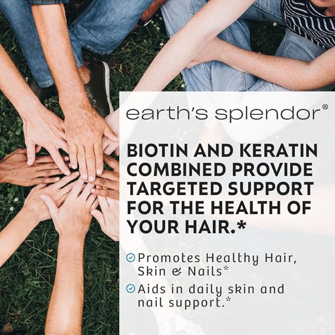 Earth's Splendor Biotin 10,000 mcg + Keratin 25mg, Promotes Healthy Hair, Strong Nails and Skin Support, 60- Day Supply