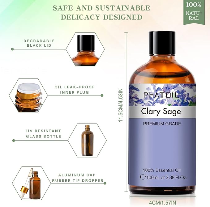 3.38FL.OZ Clary Sage Essential Oil for Aromatherapy Diffusers with Glass Dropper, Humidifiers, Great for DIY Candle and Soap Making, Huge 100ML Bottle