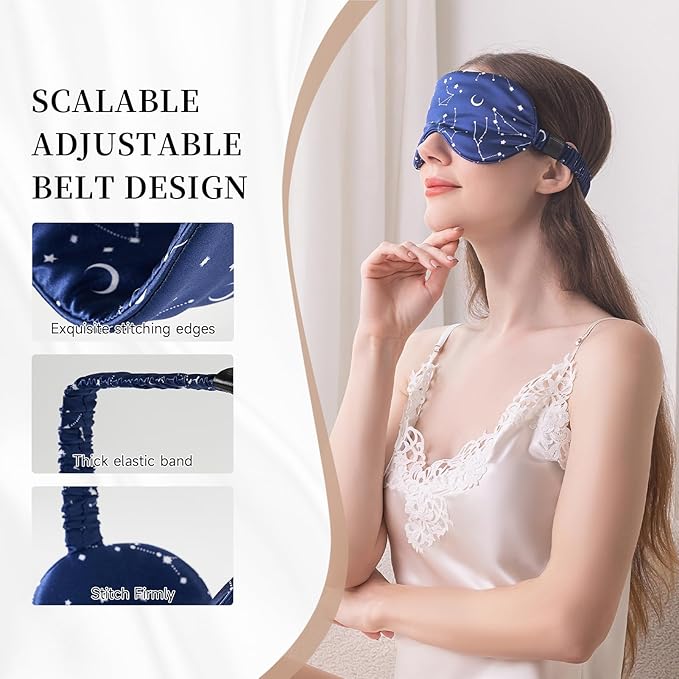 THXSILK Sleep Mask 100% 19 Momme Pure Mulberry Silk Super Smooth Cooling Decorative Sleep Eye Mask Blackout Eye Cover with Wide Head Strap, Constellation-Navy