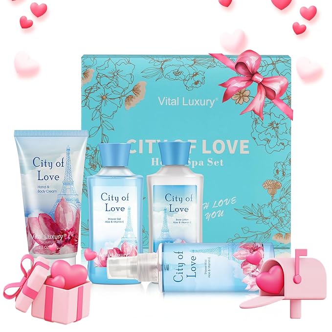 Bath & Body Kit, 3 Fl Oz, Ideal Skincare Gift Home Spa Set, Includes Body Lotion, Shower Gel, Body Cream, and Fragrance Mist, Birthday Mother's Valentine's Day Gifts(City of Love)