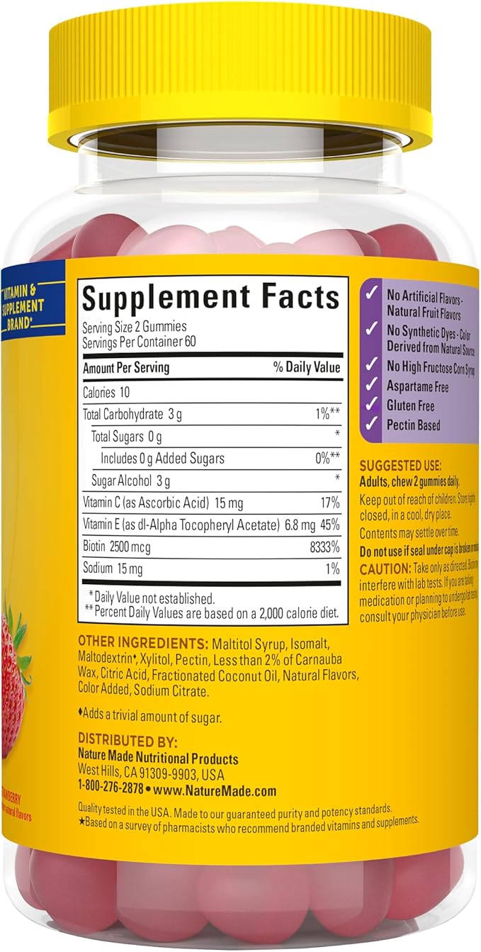 Nature Made Zero Sugar Hair Skin Nails Gummies, Biotin 2500 mcg per Serving, 120 Sugar Free Gummies, 60 Day Supply