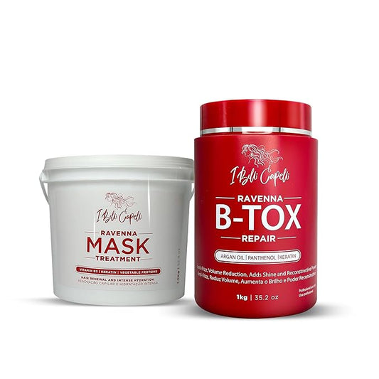 Ravenna B-tox Repair Kit - Treatment (1 Kg/35.2 Fl Oz) Formaldehyde-Free + Mask for Damaged Hair (1,5 Kg/ 52.9 fl oz) - Straightening, Intense Shine & Moisture for All Types
