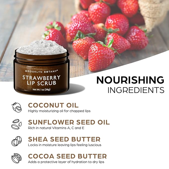 Brooklyn Botany Lip Scrub Exfoliator 1 oz – Lip Moisturizer for Dry Lips and Chapped Lips – Gentle Lip Exfoliator for Smooth and Brighter Lips – Strawberry Flavor