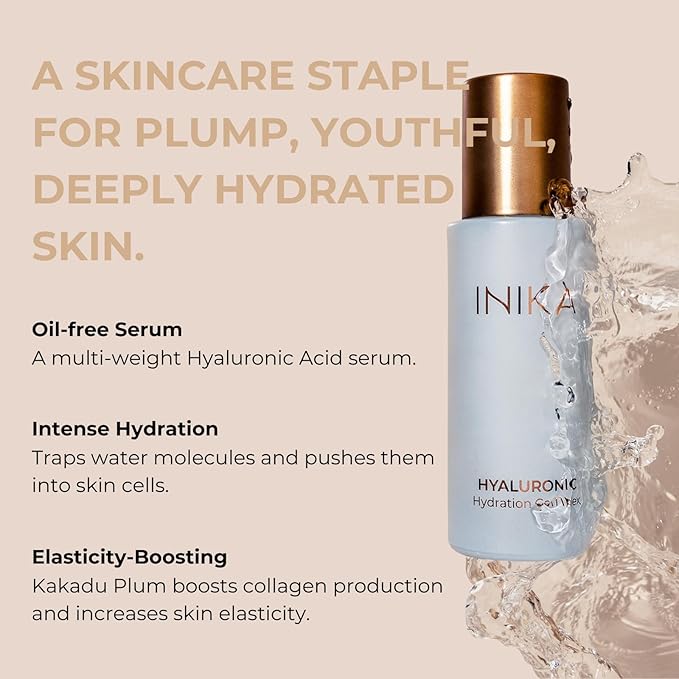 INIKA Hyaluronic Hydration Complex. Deeply hydrates and plumps skin, vegan and natural formula | Sustainable Packaging.