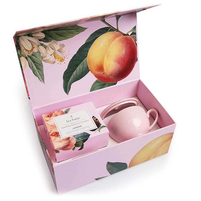 Tea Forte Jardin 3-Piece Mother's Day Tea Gift Set with Rose Pink Cafe Cup with Lid, Tea Tray and 10 Assorted 2 of Each Variety Organic Handcrafted Pyramid Infuser Tea Bags