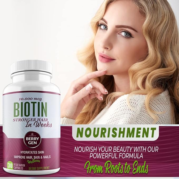 Berry Gen Biotin Supplement 10000 mcg Vegetarian Capsules - Support Hair Health & Growth, Help Heal Skin & Reduce Wrinkles and Moisturize Skin, Hair, and Nails - 30 Count (1)