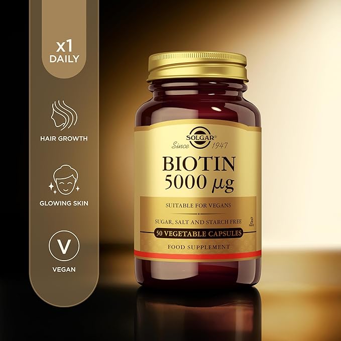 Solgar Biotin 5000 mcg - 50 Vegetable Capsules - Supports Healthy Skin, Nails & Hair - Non-GMO, Vegan, Gluten Free, Dairy Free, Kosher - 50 Servings