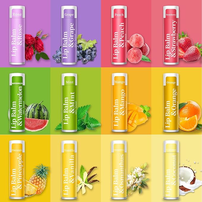 84 Pack of Lip Balm, 12 Flavored Lip Balms Natural Organic Vitamin E Lip Balms Pack for Dry Cracked Lips, Moisturising Lip Balm Bulk Gifts Stocking Stuffers Party Favors(4.2g/0.15oz)