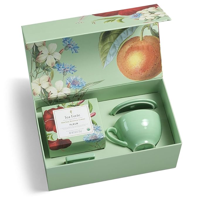 Tea Forte Fleur 3-Piece Mother's Day Tea Gift Set with Pale Mint Green Cafe Cup with Lid, Tea Tray and 10 Assorted 2 of Each Variety Organic Handcrafted Pyramid Infuser Tea Bags