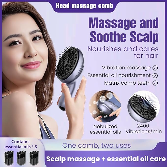 Electric Scalp Massage Comb, Portable Electric Scalp Massager with Essential Oil Atomization, Combines Relaxing Scalp Massage with Hair Nourishment, Helps Relieve Head Tension and Stress (Grey)