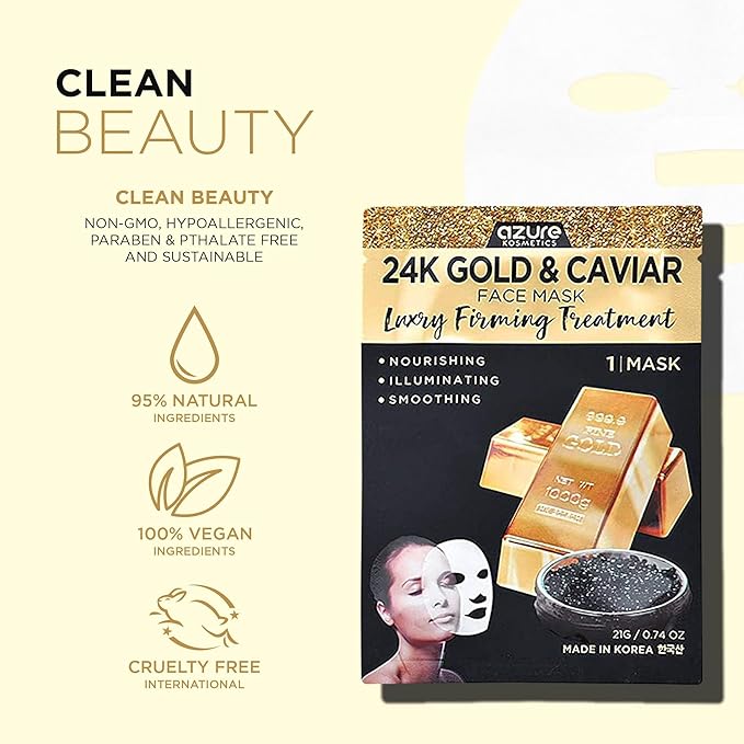AZURE 24K Gold and Caviar Anti Aging Luxury Face Mask - Hydrating & Firming Facial Mask - Helps Reduce Wrinkles & Fine Lines - With Hyaluronic Acid & Collagen - Skin Care Made in Korea - 10 Pack