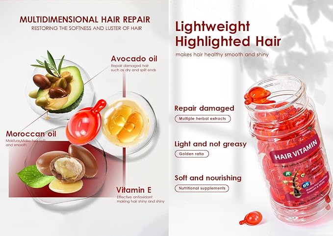 Hair Treatment Serum 40 Count- Vitamins Capsules with Argan Macadamia & Avocado Oils, Vitamin A, C, E, Pro B5, Leave-In Conditioner for Women & Men Frizzy Damaged Hair Repair, No Rinse; HFJN