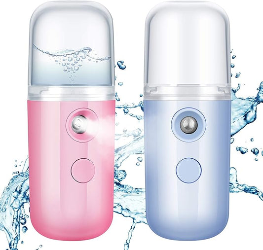 Honoson 2 Pieces Nano Facial Mister 30 ml Mini Face Humidifier Portable Facial Sprayer USB Rechargeable Handy Skin Care Machine for Face Hydrating, Daily Makeup (Blue and Dark Pink)