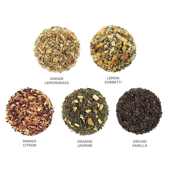 Tea Forte Paradis 3-Piece Mother's Day Tea Gift Set with Mango Yellow Cafe Cup with Lid, Tea Tray and 10 Assorted 2 of Each Variety Organic Handcrafted Pyramid Infuser Tea Bags