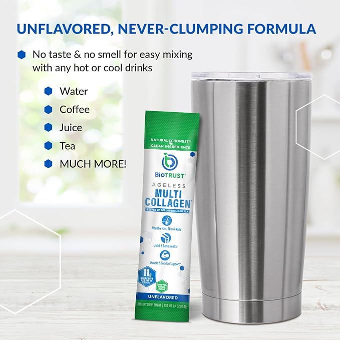 BioTrust Ageless Multi Collagen Peptides Powder – Types I, II, III, V, X – Unflavored Collagen Powder for Women & Men – Hydrolyzed Protein– Grass Fed Beef, Fish, Chicken, Eggshell Membrane(16 packets)