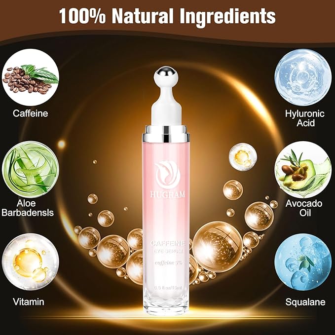 5% Caffeine Eye Serum, Eye Cream with 360°Massage Ball for Dark Circles and Puffiness, Fine Lines and Under Eye Bags, 0.5 fl.oz Under Eye Roller Cream, Efficient in Fine Lines and Under Eye Bags