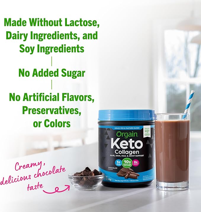 Orgain Keto Collagen Protein Powder, Chocolate - 10g Grass Fed Hydrolyzed Collagen Peptides for Women & Men, Type I & III, 5g MCT Oil - Hair, Skin, Nail, & Joint Support, Non-GMO, Gluten Free - 0.88lb