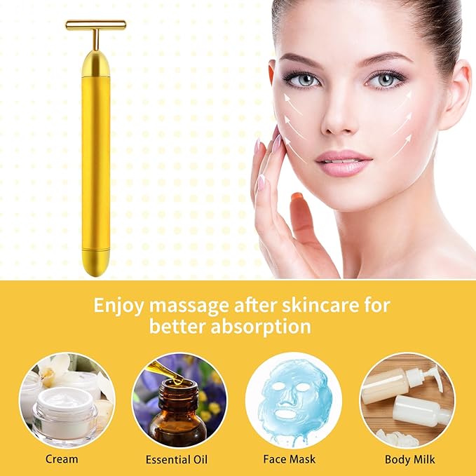 Face Massager Electric Skin Care Tool, 24k Golden T Shape Beauty Bar & 3D Roller Massager, Vibration Facial Lifting and Body Treatment Tool Kit, Reduce Puffiness Improve Wrinkles Anti Aging Device