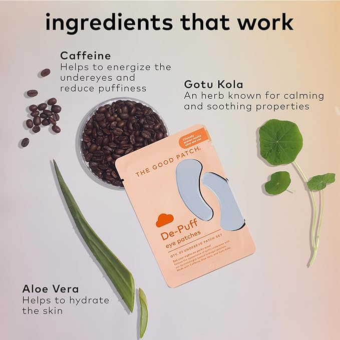 The Good Patch De-Puff Cooling Hydrogel Under Eye Patches for Puffy Eyes and Under Eye Bags, Made with Caffeine, Aloe Vera, Gotu Kola, Clinically Proven (12 Total Patch Sets)